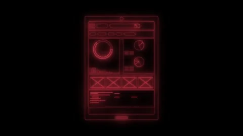 Neon tablet dashboard wireframe animation on black background Video stock 329117000