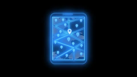 Neon tablet gps location map pin animation on black background Vidéo 336911178