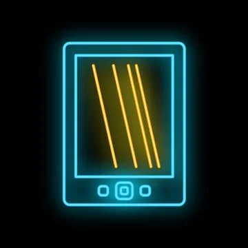 Neon tablet icon glowing on black background Stock Illustration