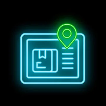 Neon tablet showing parcel tracking with location pin on black background 스톡 일러스트