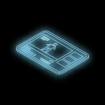 Neon tablet showing virtual reality user interface with character wearing v.. Stock Illustration