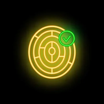 Neon target showing check mark symbol on black background Stock Illustration