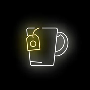 Neon tea cup mug icon with glowing tea bag Stock Illustration