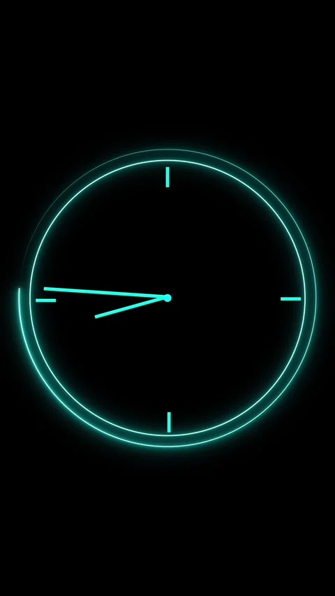 Neon Teal Clock Face with Hands on Black Background time digital Stock Footage 337462679