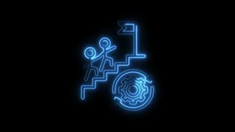 Neon teamwork reaching goals with process optimization on black background .. Stock Footage 312316039