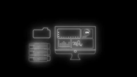 Neon tech dashboard with server and folder icons animation on black backgroun Video stock 329116919