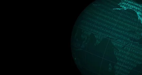 Neon tech earth globe at the right side of the screen with a word code blinking Video stock 337431251