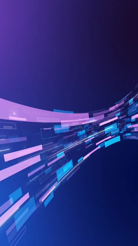 Neon tech panels background purple and cyan blocks, fast light trails, wide curv Stock Footage 340456250