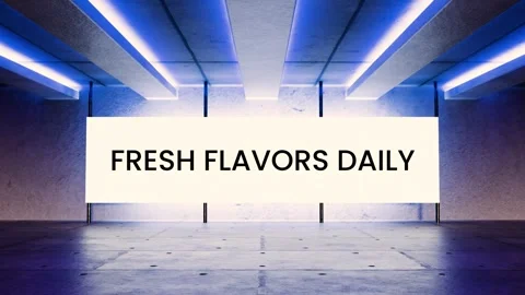 Neon tech room animation with glowing screen displaying "Fresh Flavors Daily" Stock Footage 312544046