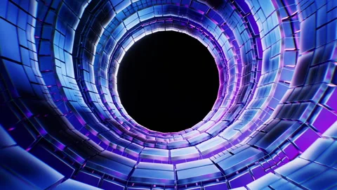 Neon technological ring tunnel with cube board structure, 3d rendering. Stock Footage 336830513