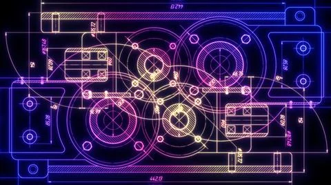 Neon technology background.Technical engineering banner.Rotating gears. Machi Stock Illustration