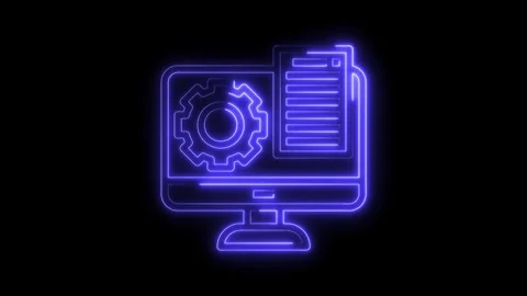 Neon technology interface showing computer monitor with gear and document on Stock Footage 322990896