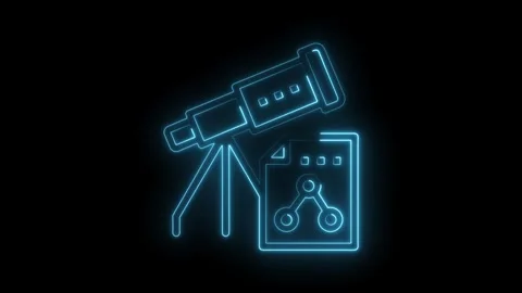 Neon telescope with document data analysis icon on dark background Stock Footage 322977360