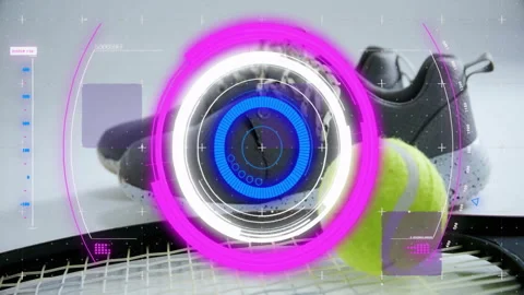 Neon tennis ball hovering on racket strings, displaying flat HUD circles, bars Video stock 307461053
