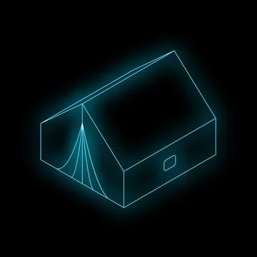 Neon tent glowing on black background signifying camping Stock Illustration