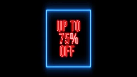 Neon text of "UP TO 75% OFF" inside square. Stock Footage 113727139