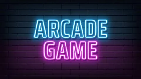 Neon text Arcade Game, blue magenta colors. Greeting promo banner with neon p Stock Illustration