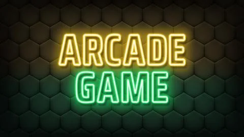 Neon text Arcade Game, yellow green colors. Greeting promo banner with neon.. Stock Illustration