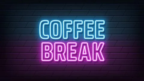 Neon text Coffee Break, blue magenta colors. Greeting cafe banner with neon.. Stock Illustration