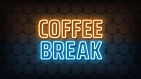 Neon text Coffee Break, orange blue colors. Greeting cafe banner with neon .. Stock Illustration