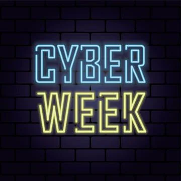 Neon text cyber week on square brickwall Illustrazione stock