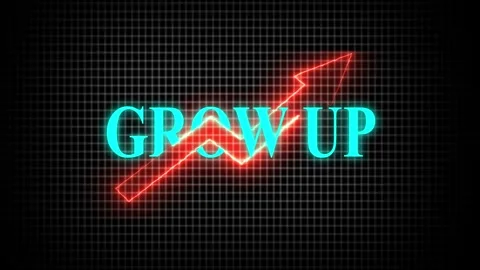 Neon text "GROW UP", red glowing arrow pointing upwards, black background Stock Footage 308157917