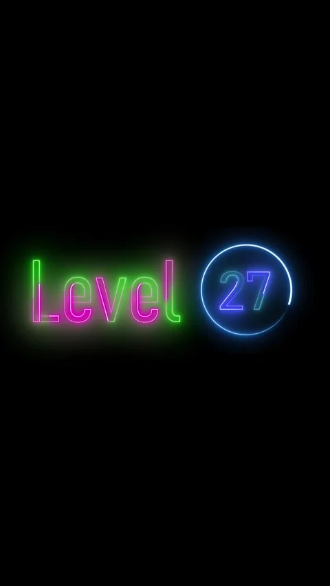 Neon text highlighting level 27 gaming progress vertical video. Animated ne.. Stock Footage 314815290