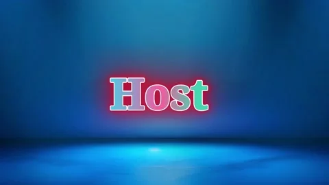 Neon text host sign glowing against a vibrant blue studio background for Stock Footage 343811289