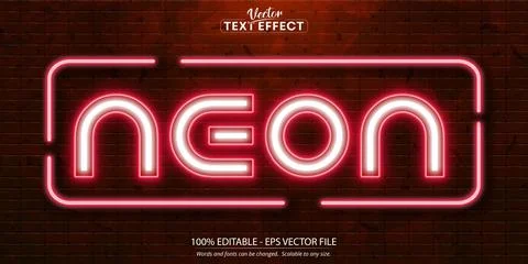 Neon text, neon style editable text effect on brick wall background Stock Illustration