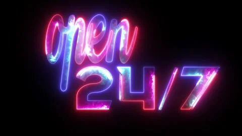 Neon text Open 24/7, lettering. Glowing blue and purple neon word Open 24/7.. Stock Footage 293554451