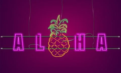 Neon text pineapple sign Vector. Aloha Summer party banner posters Ilustração Stock