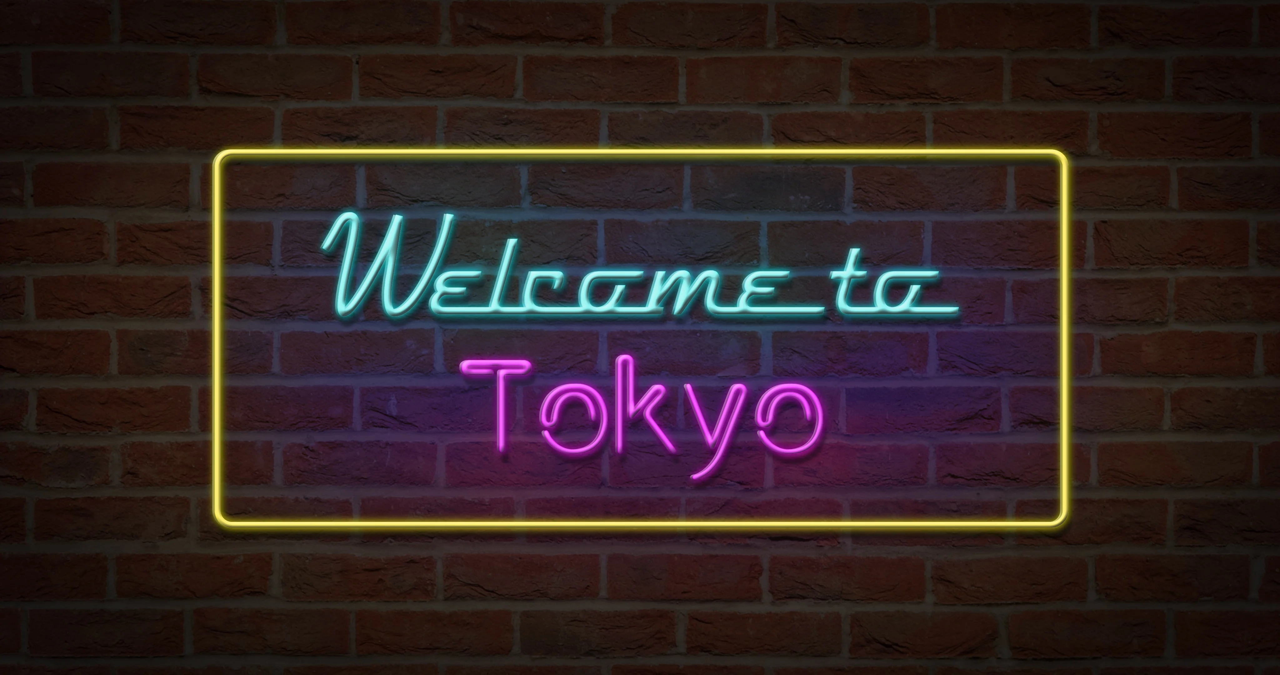 Neon text sign of Welcome to Tokyo in brick background