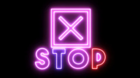 Neon text of STOP with cross mark. Caution of traffic, or dangerous Signboard Stock Footage 122138254