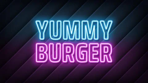 Neon text Yummy Burger, blue magenta colors. Greeting promo banner with neon  Stock Illustration
