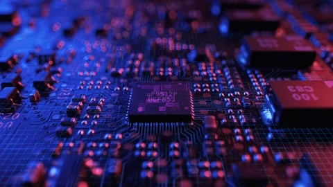 Neon Theme Visualization of Circuit Board CPU Processor Starting Digitalization Stock Footage 122426039