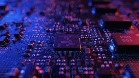 Neon Theme Visualization of Circuit Board CPU Processor Starting Digitalization Stock Footage 122426050