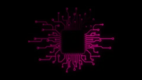 Neon Themed Circuit Board processing Information Concept with black backgroun Stock Footage 301704413