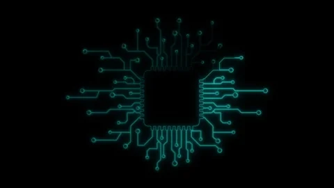 Neon Themed Circuit Board processing Information Concept with black backgroun Stock Footage 301704452