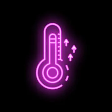Neon thermometer icon showing increasing temperature on black background Stock Illustration