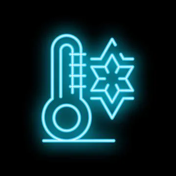 Neon thermometer showing freezing temperature with snowflake icon 스톡 일러스트