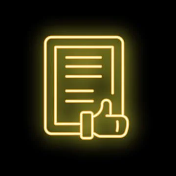 Neon thumbs up approving document icon sign on black background Ilustração Stock