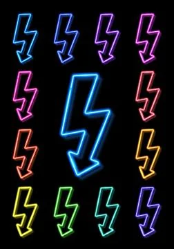 Neon thunderbolt icon set on black background. Stock Illustration