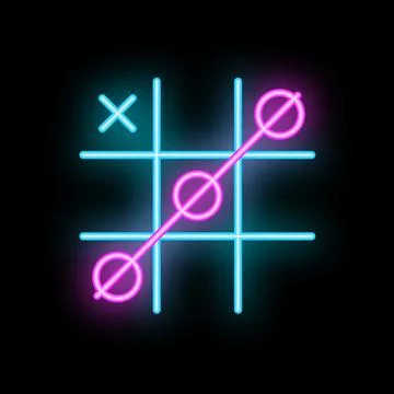 Neon tic tac toe game showing winning line on dark background Stock Illustration