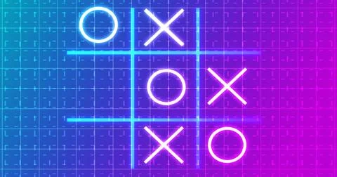Neon Tic Tac Toe X-O game icon on a grid background for banners, business w.. Stock Illustration