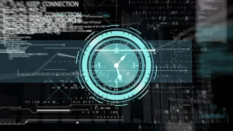 Neon ticking clock over digital interface with data processing against black Stock Footage 329578650