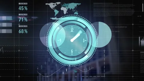 Neon ticking clock over digital interface with data processing against tall Stock Footage 330107309