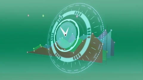Neon ticking clock over round scanner and statistical data processing against Stock Footage 326755596
