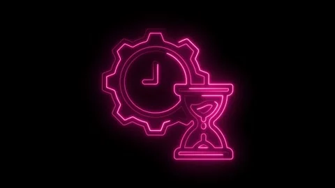 Neon time management process concept animation of clock gear and hourglass .. Stock Footage 346008382