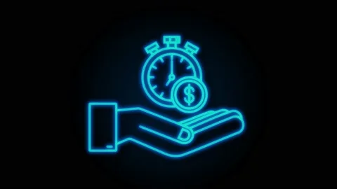Neon Timer and money in hands. Clock and bag, time is money, fast loan, payment Vídeo Stock 169290439