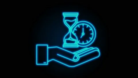 Neon Timer and money in hands. Clock and bag, time is money, fast loan, payment Vídeo Stock 169290862
